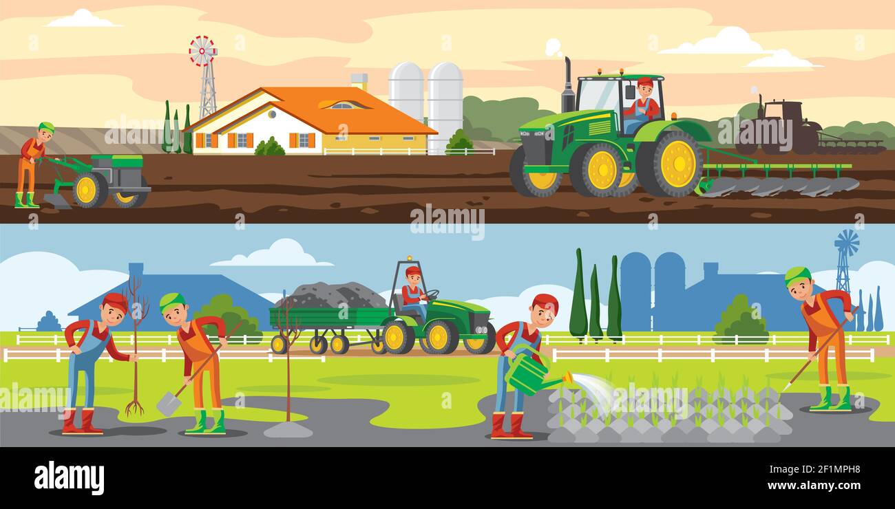 Landwirtschaft und Landwirtschaft horizontale Banner mit Landwirten landwirtschaftlichen Arbeiten Fahrzeuge Und Gerätevektordarstellung Stock Vektor