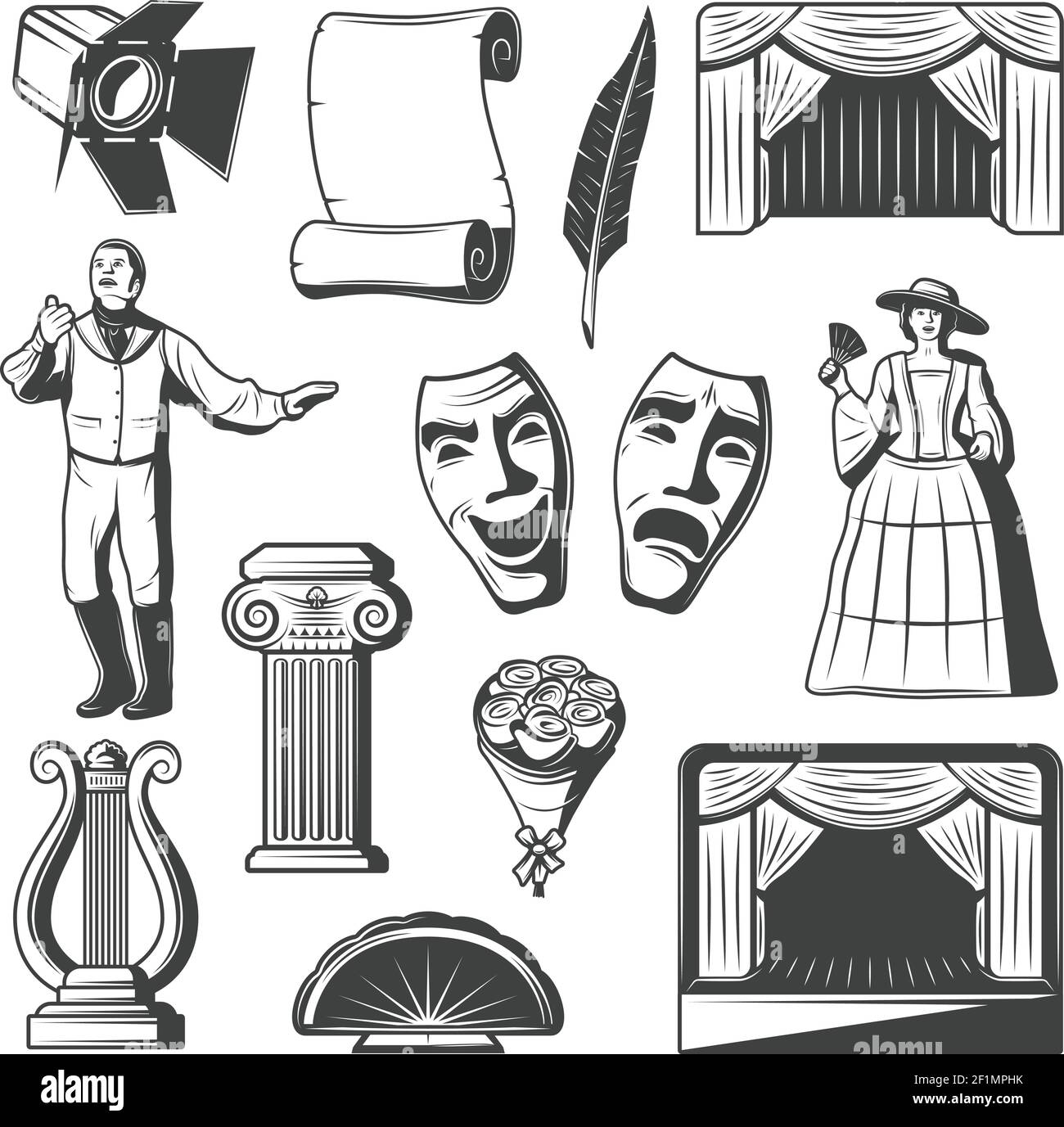 Vintage Theater Elemente Kollektion mit Schauspielern Maskerade Masken Harfe Spalte Blättern Feder Blumen Fan Bühne isoliert Vektor Illustration Stock Vektor