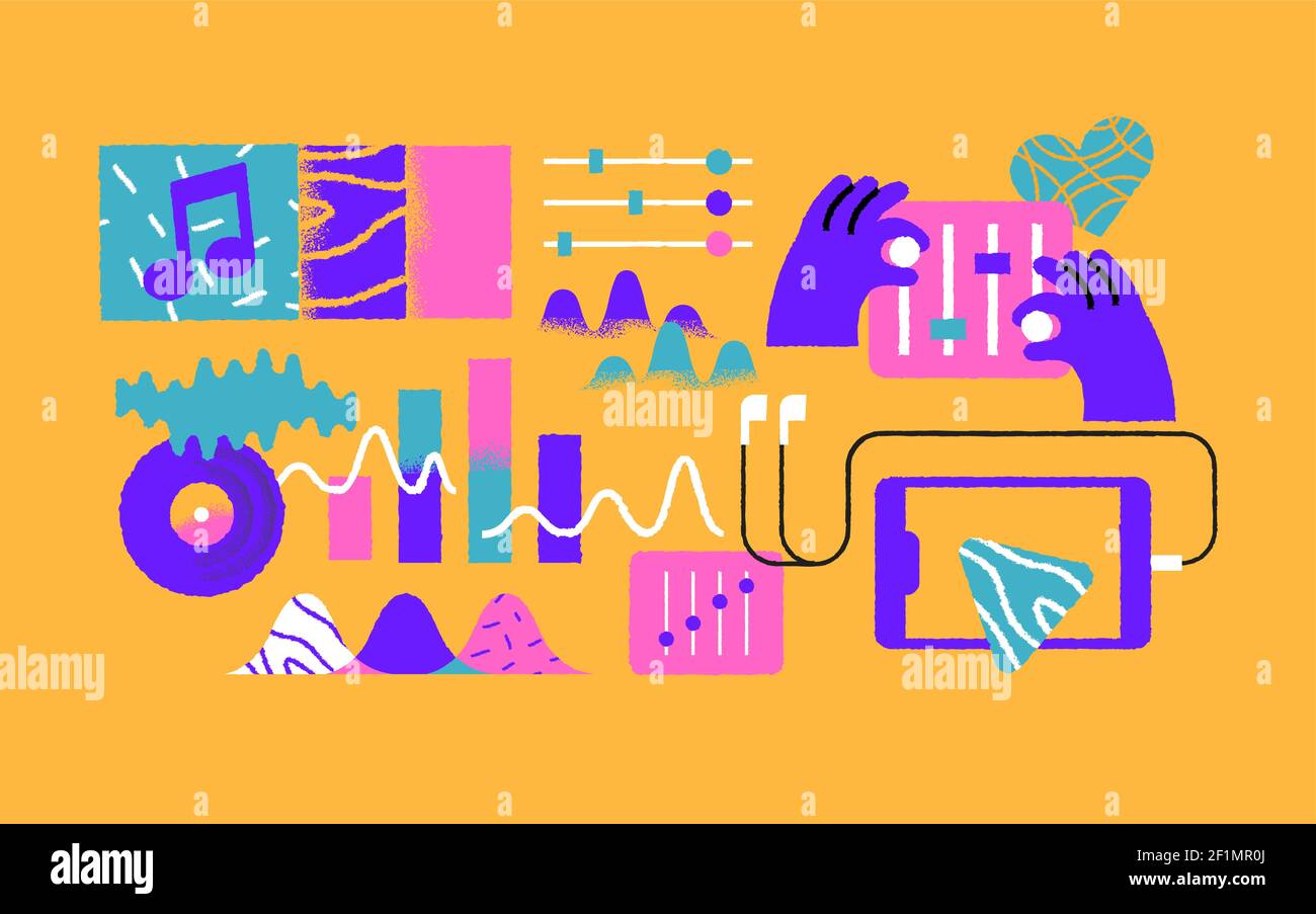 Musik-Symbol Illustration Set von trendigen musikalischen App-Symbole im Retro-handgezeichneten Cartoon-Stil. Bunte Audio-Technologie Symbol-Sammlung auf isolierte Bac Stock Vektor