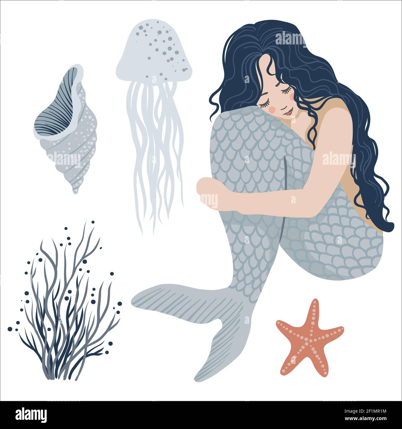 Marine Illustrationen Set. Sitzende Meerjungfrau und isolierte Objekte auf weißem Hintergrund. Vektor Stock Vektor Marine Illustrationen Set. Sitzende Meerjungfrau und isolierte Objekte auf weißem Hintergrund. Vektor Stock Vektor