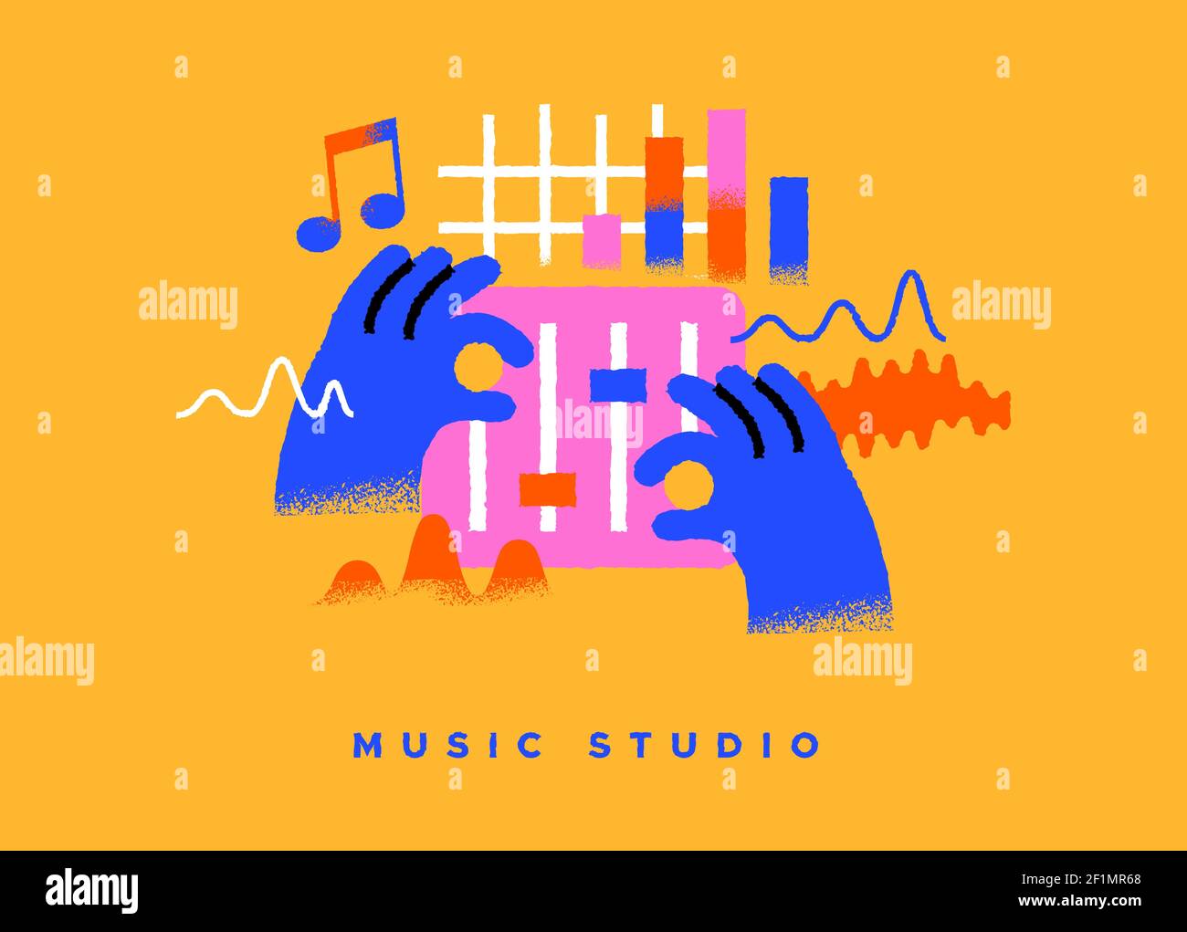Musikstudio bunte Illustration auf isoliertem Hintergrund. Professionelle Sound-Steuerung, dj oder Audio-Volumen-Mixing-Konzept in trendigen handgezeichneten Cartoon Stock Vektor