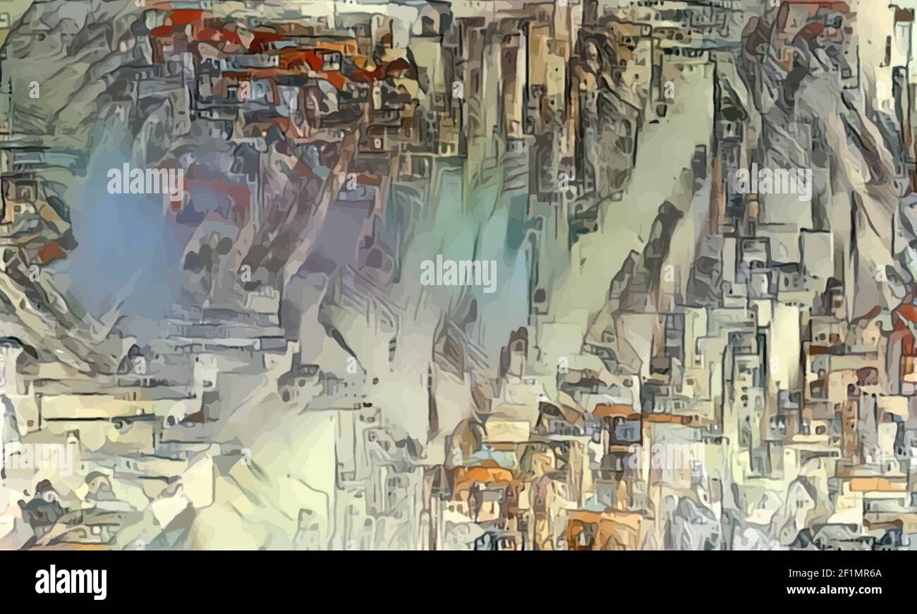 Abstrakter futuristischer Hintergrund mit einer Aquarell-Textur. Bild einer fantastischen Stadt. Moderne Kunst Stock Vektor