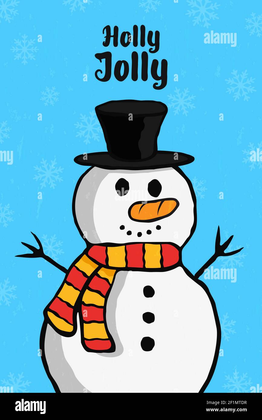 Holly Jolly Weihnachten Grußkarte Illustration von Winter Schneemann in handgezeichneten Stil. Traditionelle Urlaub Cartoon-Charakter für Weihnachten Wünsche oder Partei Stock Vektor