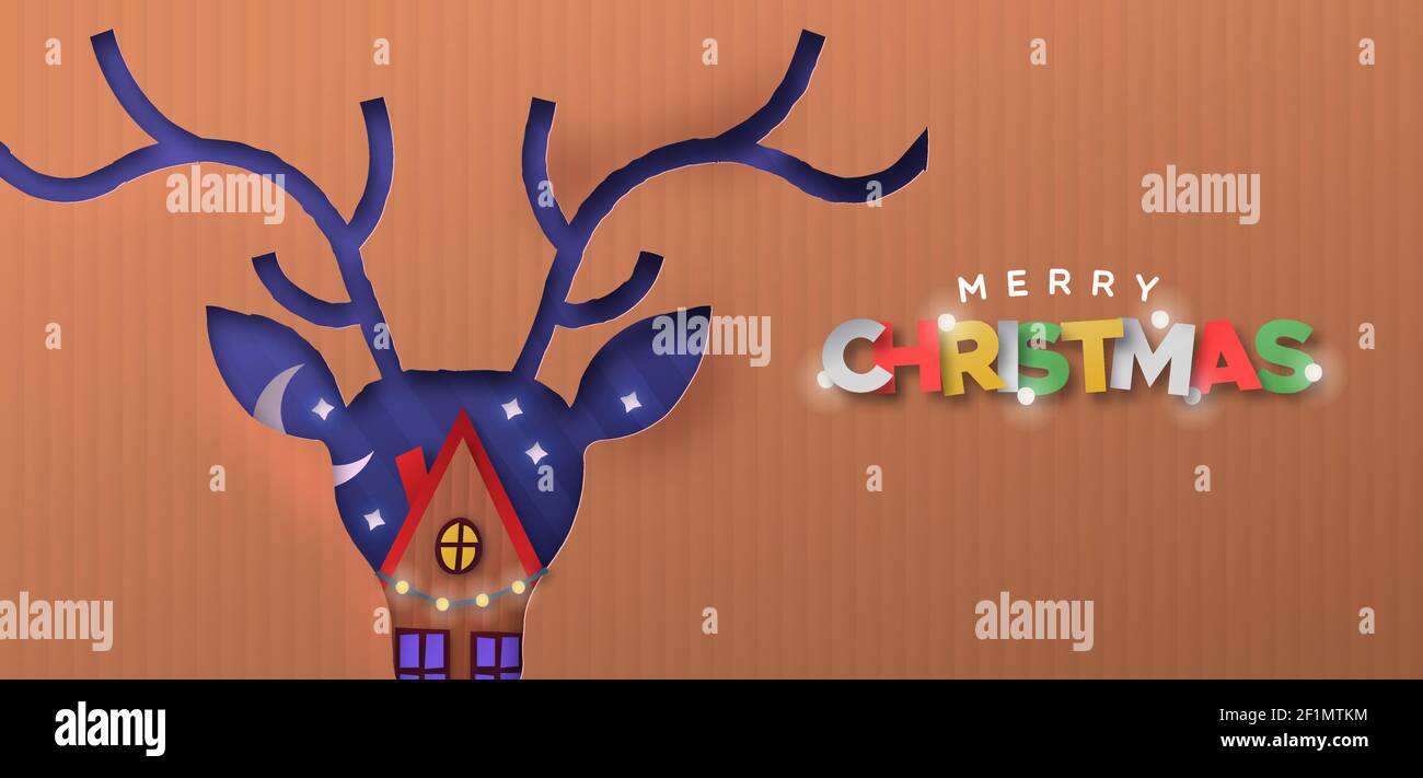 Frohe weihnachten Web-Banner Illustration von papercut Rentier Kopf Form mit Papier Handwerk Haus und Nachthimmel im Inneren. Feiertagsgestaltung Stock Vektor