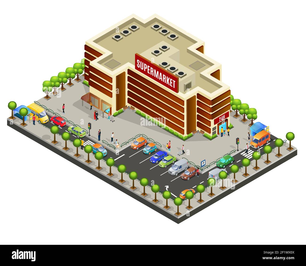 Isometrische Supermarkt Bereich Konzept mit modernen Gebäude Kunden Autos Parken Crosswalks Bänke und Bäume isoliert Vektor-Illustration Stock Vektor