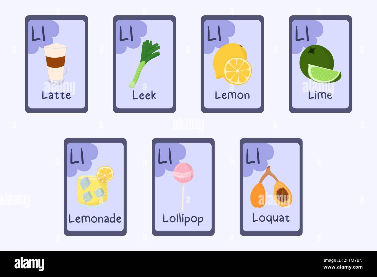 Bunte Alphabet Flashcard Buchstabe L - Latte, Loquat, Lauch, Zitrone, Limette, Limonade, Lutscher. Essen Themenkarten für den Unterricht Lesen mit Lebensmitteln, Gemüse, Obst und Nüssen. Serie von ABC. Stock Vektor