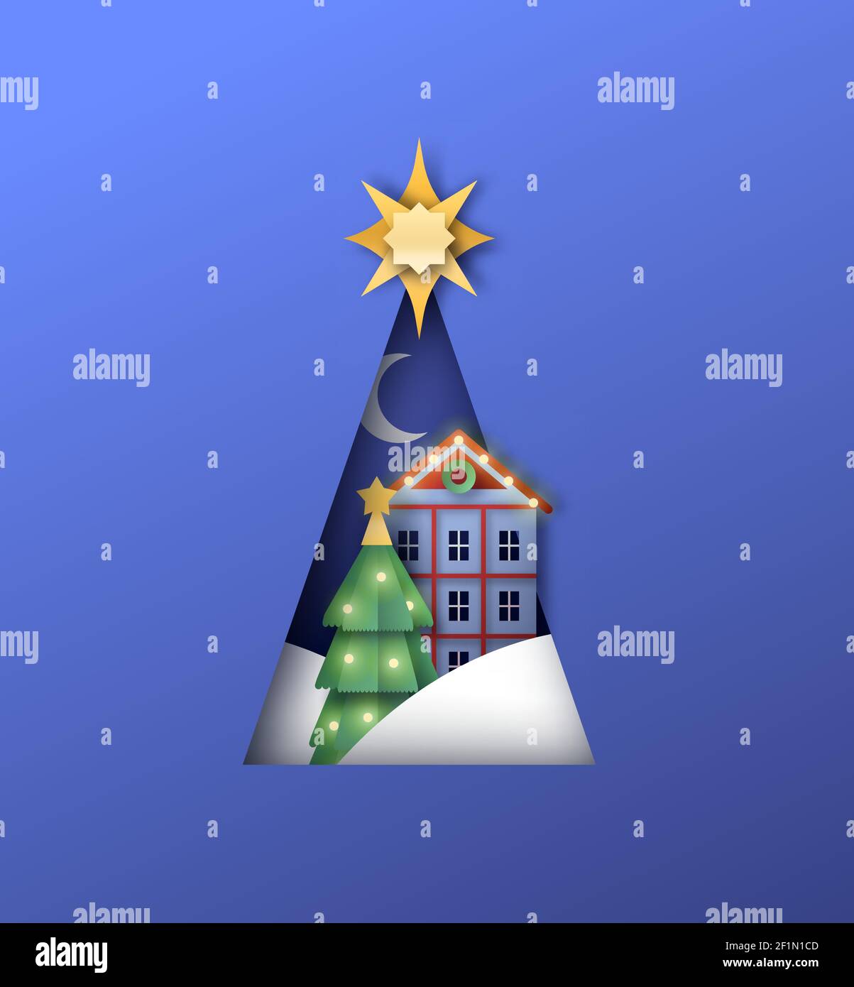 Papercut Weihnachten Saison Illustration von festlichen Papier geschnitten Haus und Winterlandschaft in der Nacht innerhalb Kiefer Form Ausschnitt. 3D Urlaubsszene auf iso Stock Vektor
