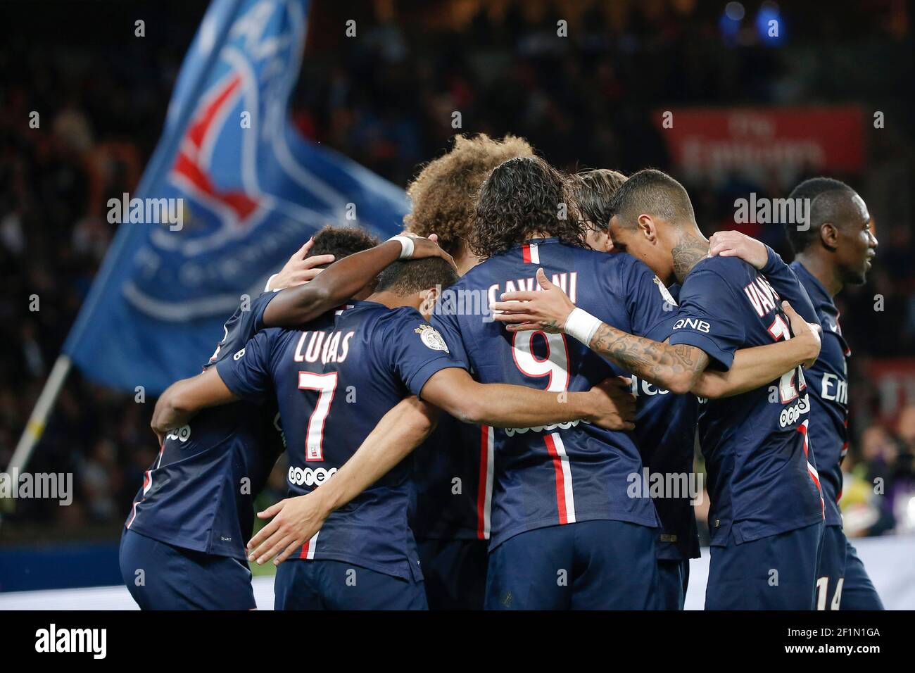 Lucas Rodrigues Moura da Silva (psg), Edinson Roberto Paulo Cavani Gomez (psg) (El Matador) (El Botija) (Florestan), Jean Christophe Bahebeck (psg), David Luiz Moreira Marinho (psg), Gregory Van der Wiel (psg), Maxwell Scherrer cabelino Andrade (psg) während des französischen Fußballs L1 zwischen Paris Saint-Germain (PSG) und AS Monaco am 5. Oktober 2014 im Parc des Princes in Paris - Foto Stephane Allaman / DPPI Stockfoto