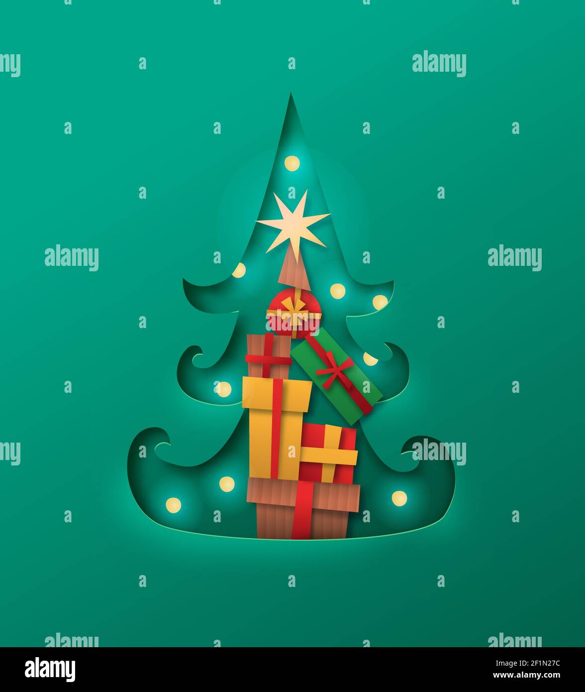 Frohe Weihnachten papercut Cartoon ilustration Konzept. Geschenkkarton im Inneren Kiefer Form in Karton Papier Material mit Urlaub Lichter und Stern oder gemacht Stock Vektor