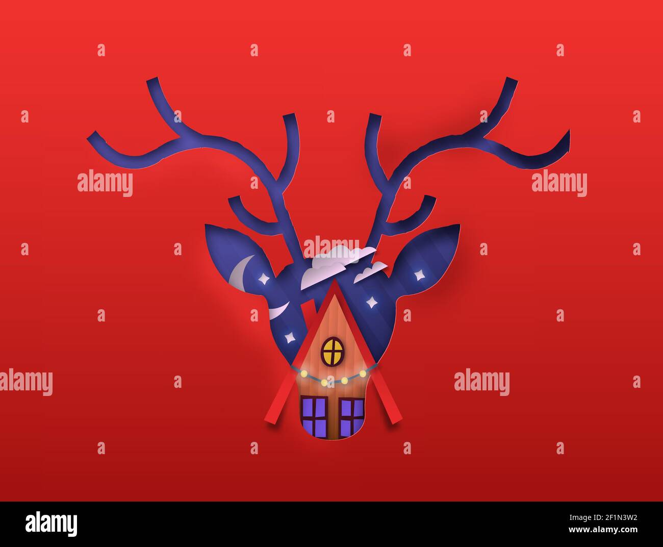 Frohe Weihnachten Papercut Illustration Konzept. Winterhaus im Inneren Zügler Hirschgeweih Form. Pappmaterial Papier Handwerk mit Urlaub Lichter und nigh Stock Vektor