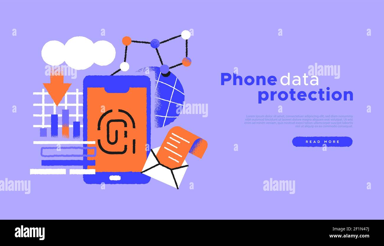 Web-Vorlage für den Schutz von Telefondaten Darstellung der Web-Business-Symbole für Smartphones. Smartphone Informationssicherheit Konzept in trendigen Hand gezeichnet cartoo Stock Vektor
