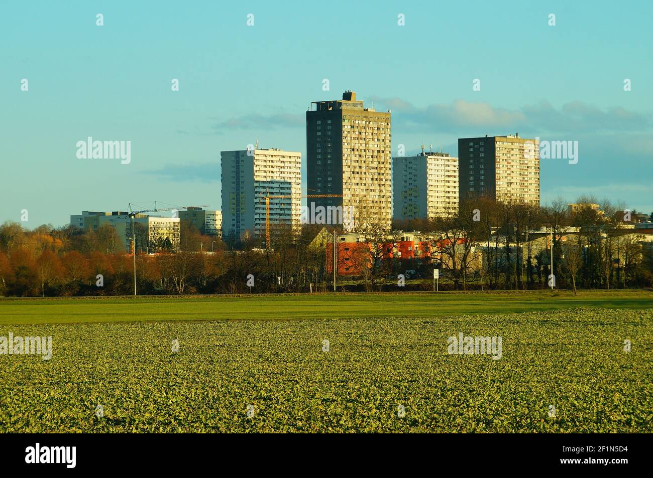Blick auf die Skyline des Frankfurter Berges von Bonames / Nidda. Das Gebiet dazwischen ist Teil des Grüngürtels (Grünguertel) Stockfoto