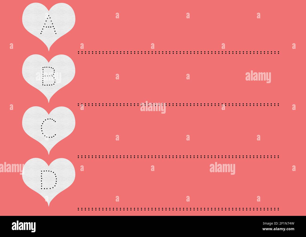 Alphabet Buchstaben in weißen Herzen und gepunktete Linien auf rosa Hintergrund Stockfoto