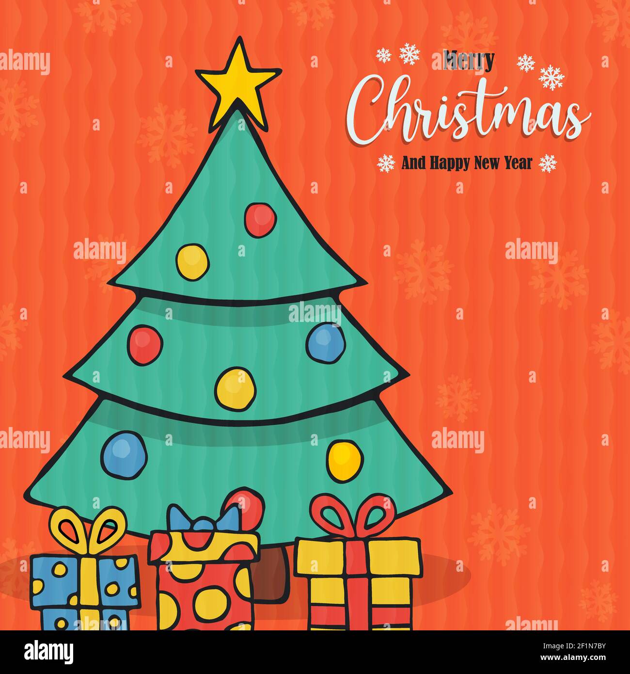 Frohe Weihnachten Grußkarte Illustration der festlichen Kiefer in handgezeichneten Stil. Weihnachten Geschenk Szene Cartoon für Jahreszeiten Grüße oder Party Einladung Stock Vektor