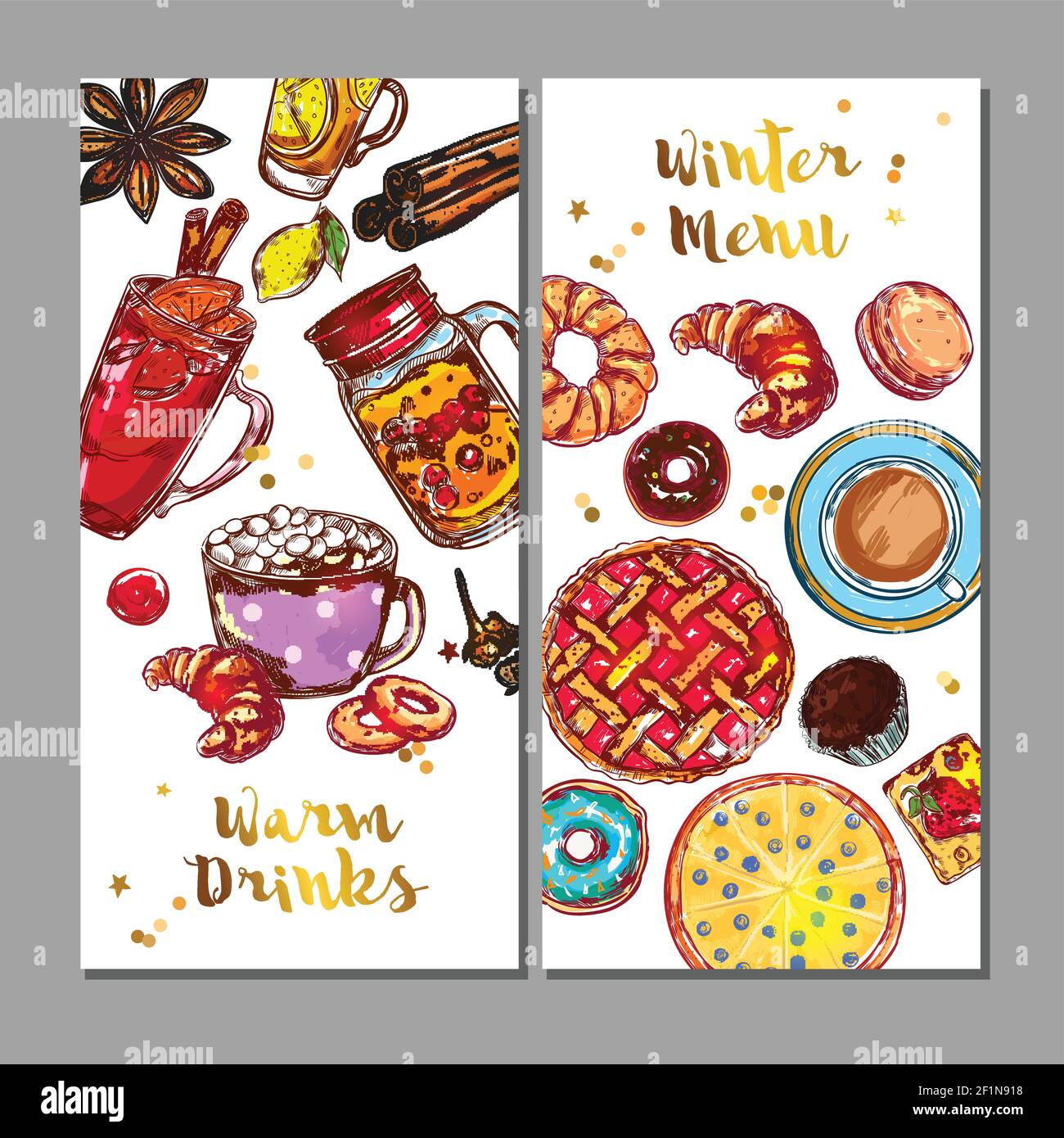 Zwei vertikale Food Drink-Menü-Banner mit warmen Getränken Und Winter-Menü Überschriften Vektor-Illustration Stock Vektor