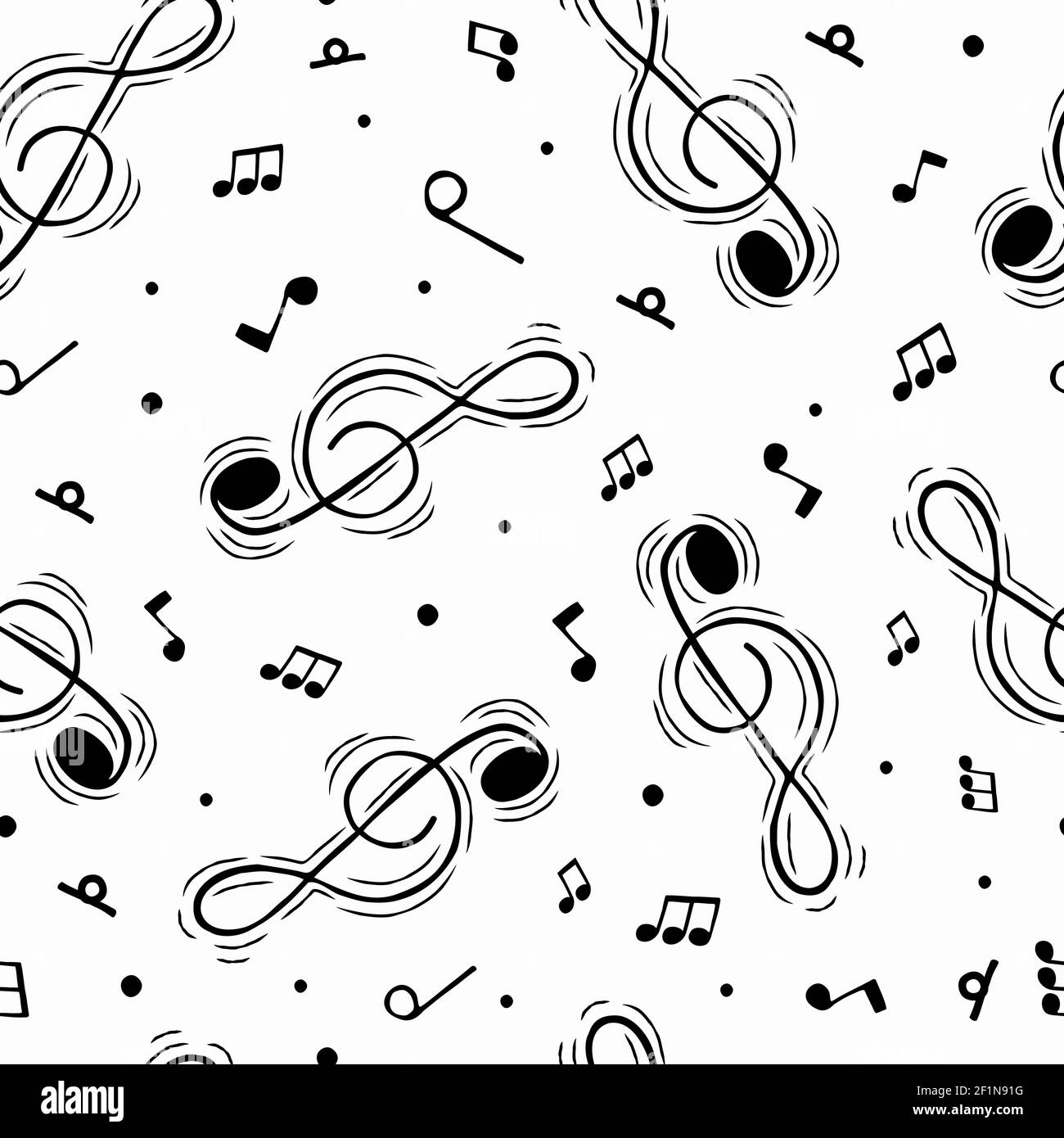 Hand gezeichnete Musik Note nahtlose Muster, schwarz-weißen Cartoon-Hintergrund für Musiktheorie, klassische oder Sound Education Konzept. Stock Vektor