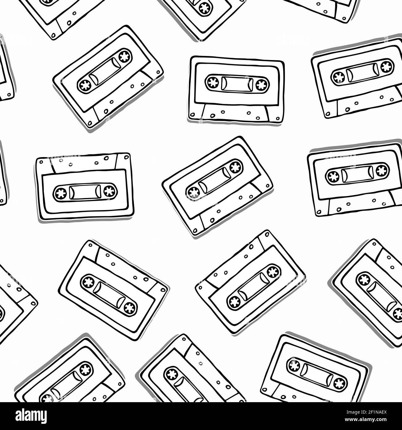 Hand gezeichnete Kassette nahtlose Muster, schwarz-weißen Cartoon-Hintergrund für Musik-Technologie oder Audio-Equipment-Konzept. Stock Vektor