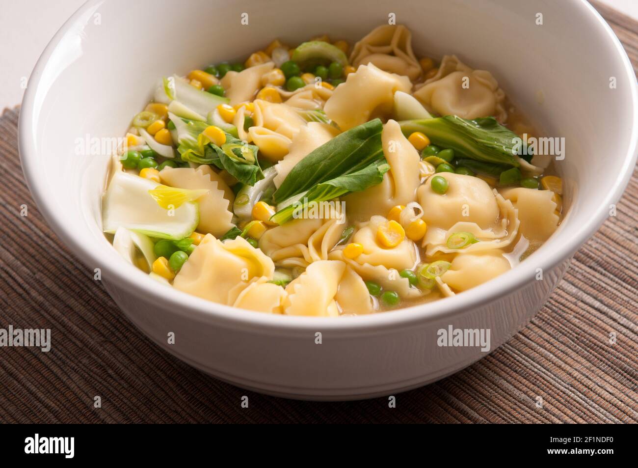 Tortellini-Suppe mit Hühnchen und Käse und Gemüse Stockfoto