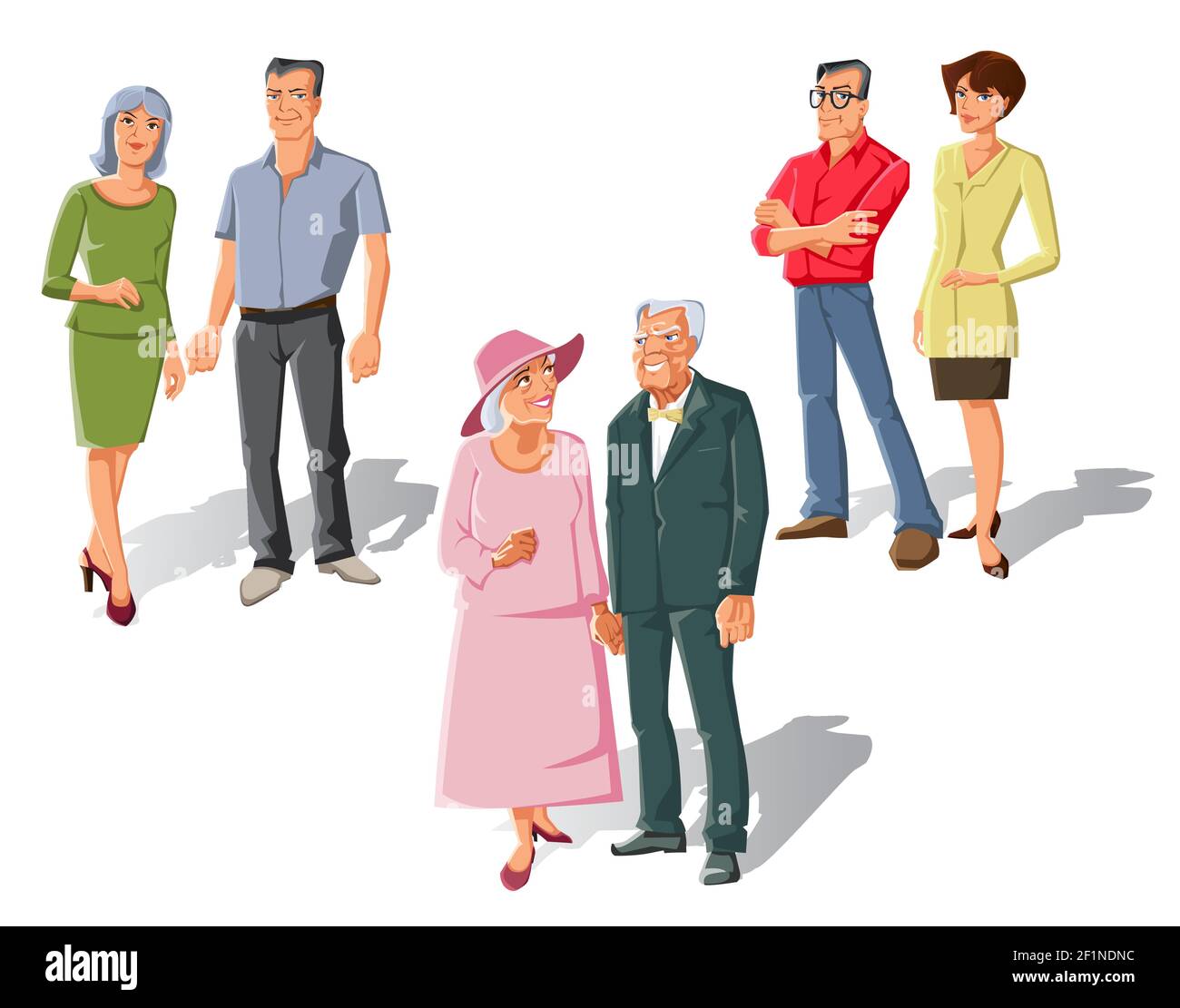 Satz von isolierten flachen Familienfiguren mit drei alten verheiratet Paare im Cartoon-Stil mit Schatten Vektor-Illustration Stock Vektor