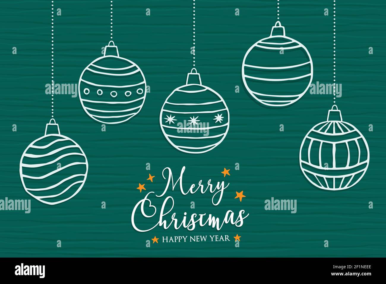 Frohe Weihnachten und Happy New Year Grußkarte Illustration von Hand gezeichnet Weihnachten Ornament Kugeln. Festliches Feiertagsdesign für Party-Einladung oder Meer Stock Vektor