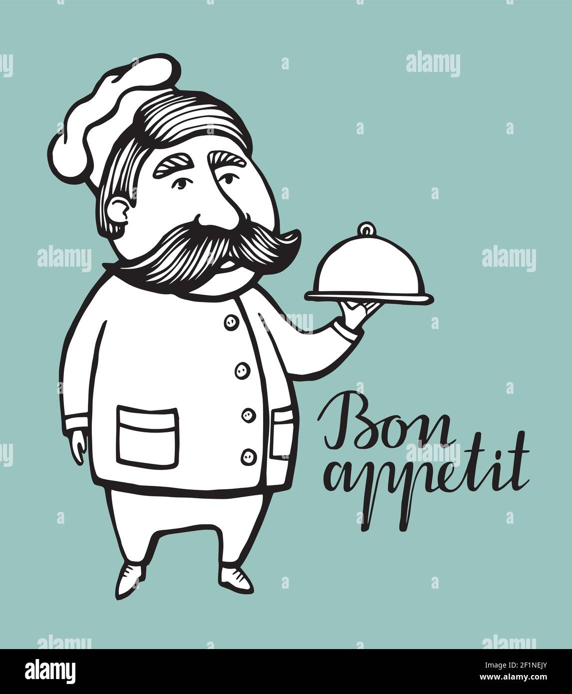 Handgezeichnete Vektor-Illustration von Chef-Herd mit einem Schnurrbart in einem weißen Kleid mit einer Schüssel. Chef-Herd Logo. Stock Vektor