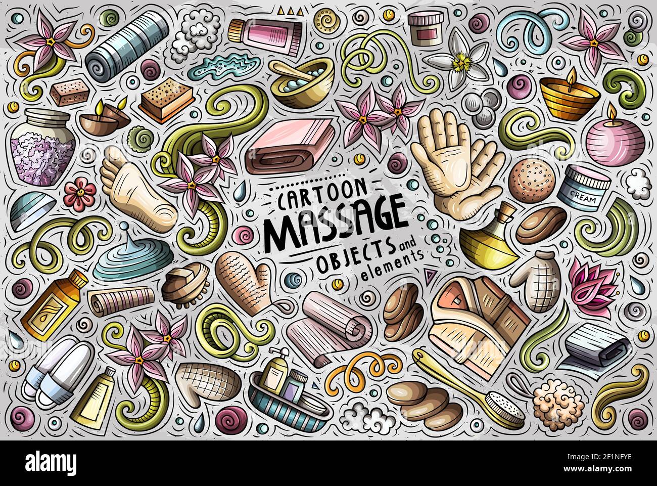 Bunte Vektor Hand gezeichnete Doodle Cartoon Satz von Massage Themen Artikel, Objekte und Symbole Stock Vektor
