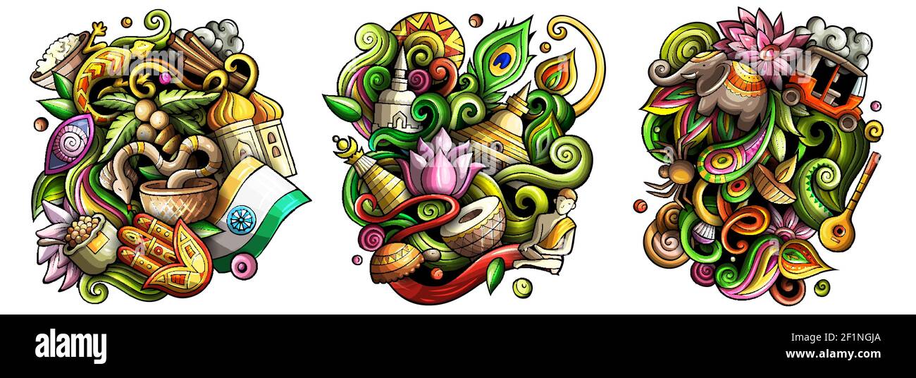 Indien Cartoon Vektor Doodle Designs Set. Farbenfrohe, detailreiche Kompositionen mit vielen indischen Objekten und Symbolen. Isoliert auf weißen Abbildungen Stock Vektor