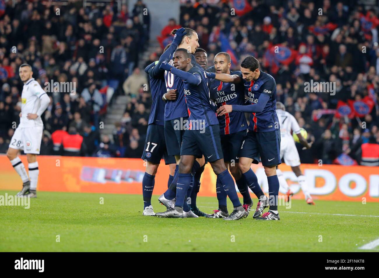 Gregory Van der Wiel (psg), Zlatan Ibrahimovic (psg), Angel Di Maria (psg), Lucas Rodrigues Moura da Silva (psg), Blaise Mathuidi (psg) während des Fußballspiels der französischen Ligue 1 zwischen Paris Saint Germain und SCO Angers am 23. Januar 2016 im Stadion Parc des Princes in Paris, Frankreich. Foto Stephane Allaman / DPPI Stockfoto