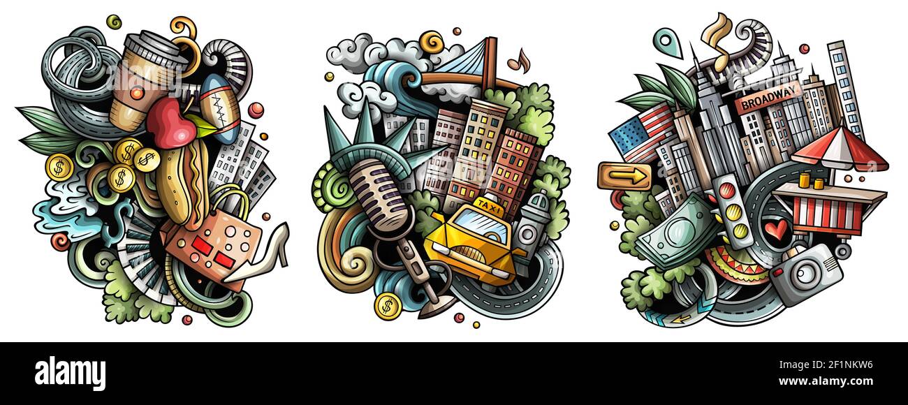 New York Cartoon Vektor Doodle Designs Set. Farbenfrohe, detailreiche Kompositionen mit vielen Objekten und Symbolen aus den USA. Isoliert auf weißen Abbildungen Stock Vektor
