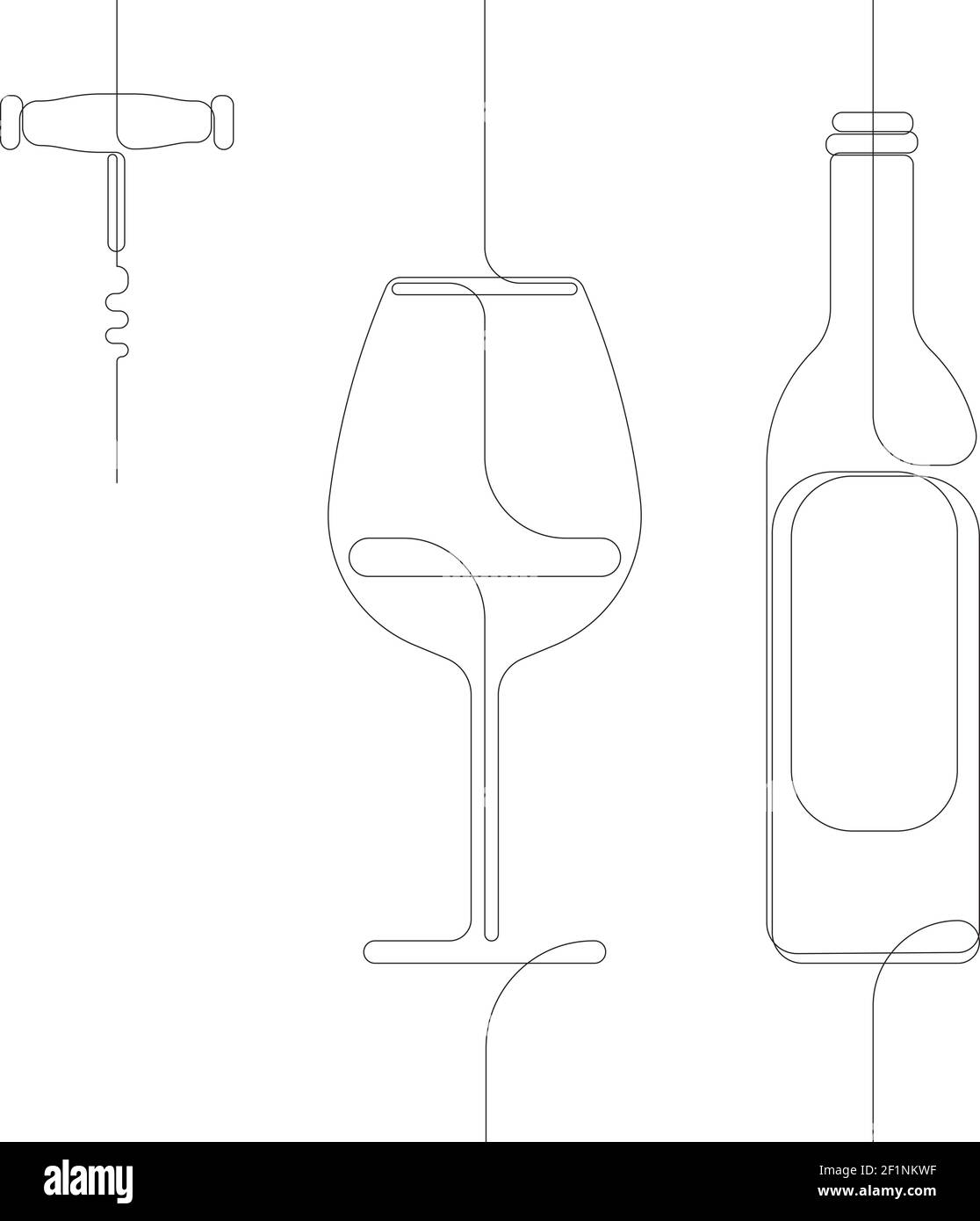 Kontinuierlich einzeln gezeichnet eine Linie Satz einer Flasche Wein, ein Glas und ein Korkenzieher. Handgezeichnetes Bild einer Silhouetten. Weinlinie Kunstsammlung Stock Vektor