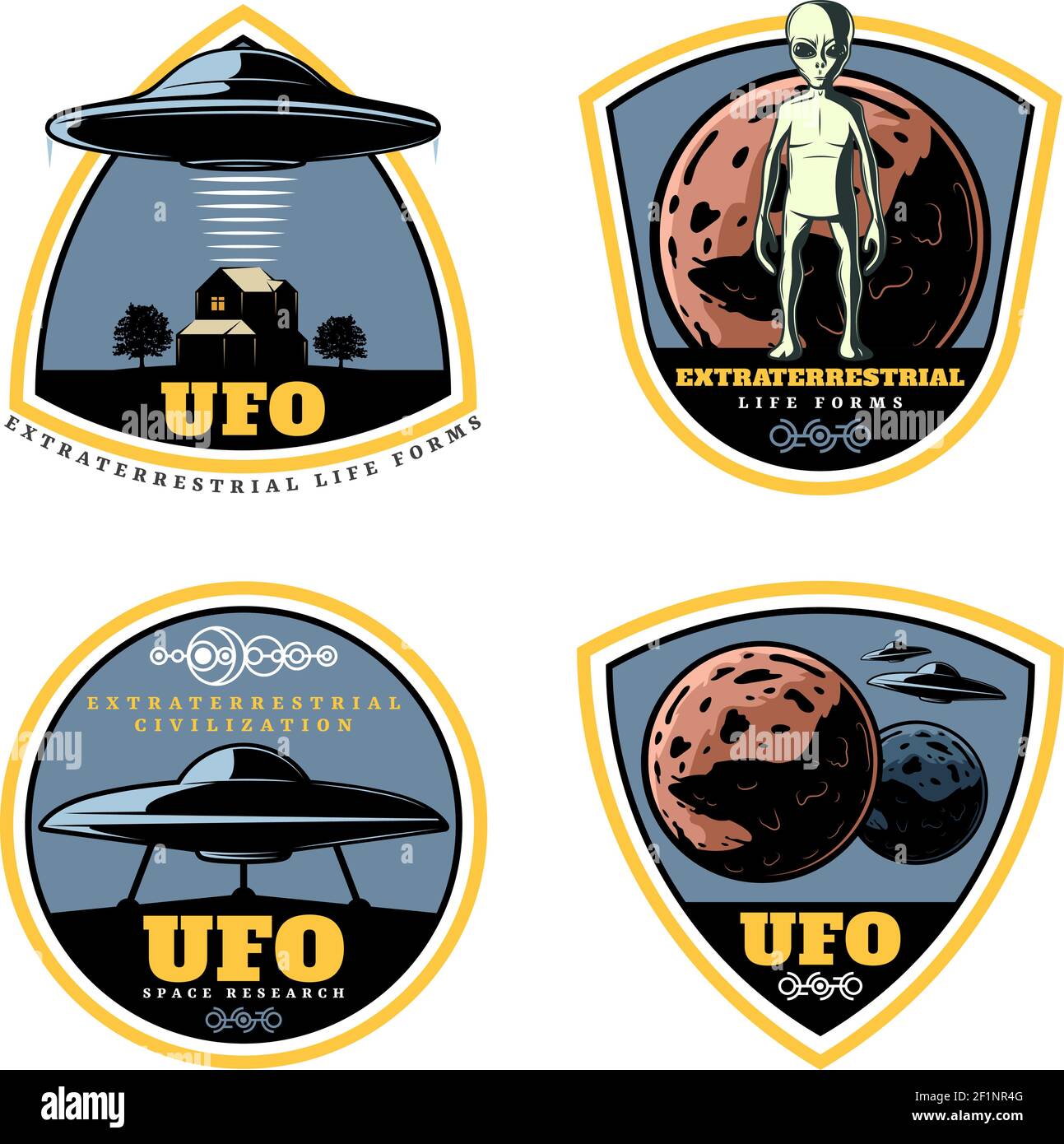 Vintage farbige UFO-Embleme mit außerirdischen Lebensformen Alien gesetzt Raumschiffe und unbekannte Planeten isoliert Vektor-Illustration Stock Vektor