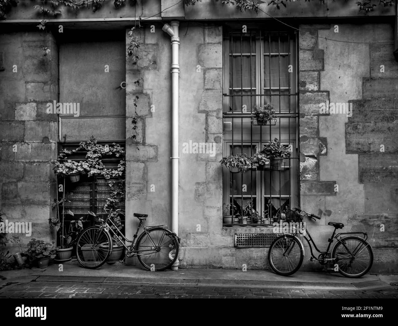 Zwei Fahrräder vor einem historischen Gebäude in Paris Frankreich. Stockfoto