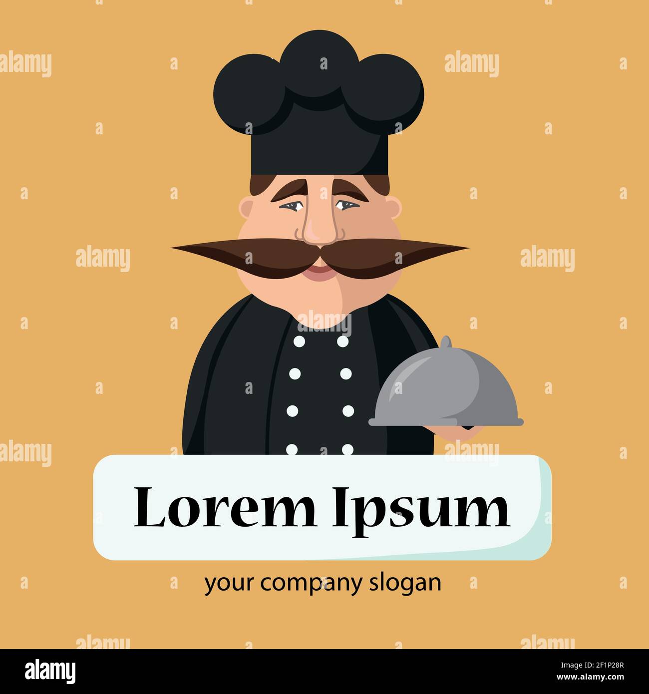 Flache Vektor-Illustration von Chef-Herd mit einem Schnurrbart in einem schwarzen Kleid mit einem Gericht. Chef-Logo. Stock Vektor