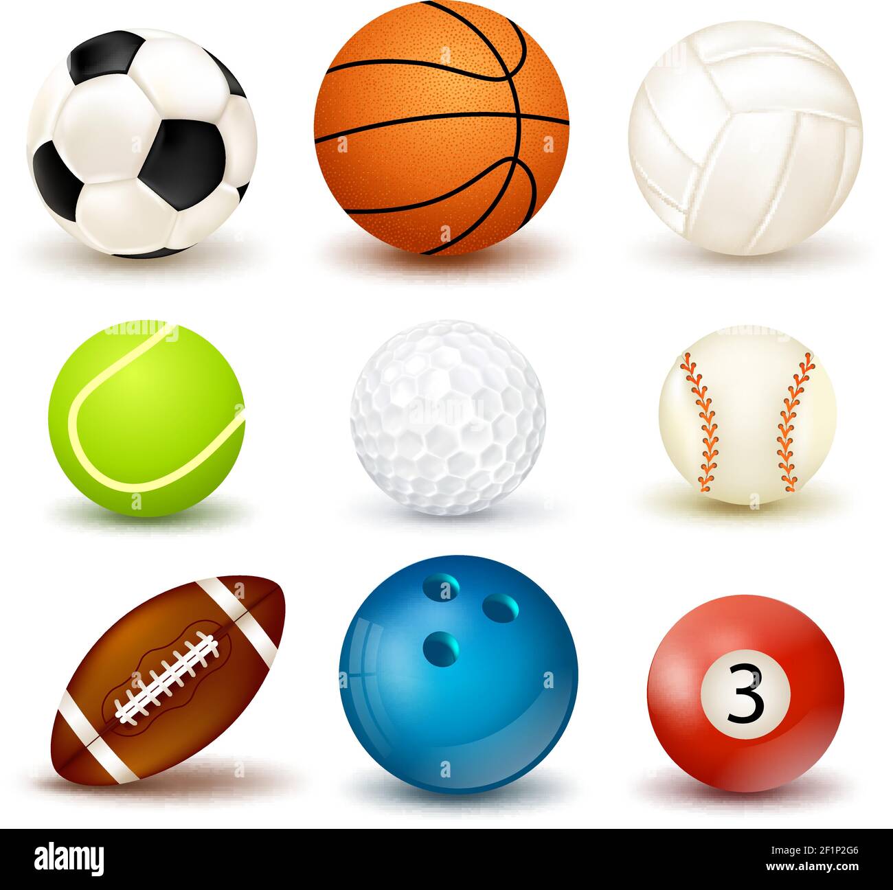 3D-förmige Kugel-Symbol-Set mit Schatten isoliert auf dem Thema der verschiedenen Sport-Spiele Vektor-Illustration Stock Vektor
