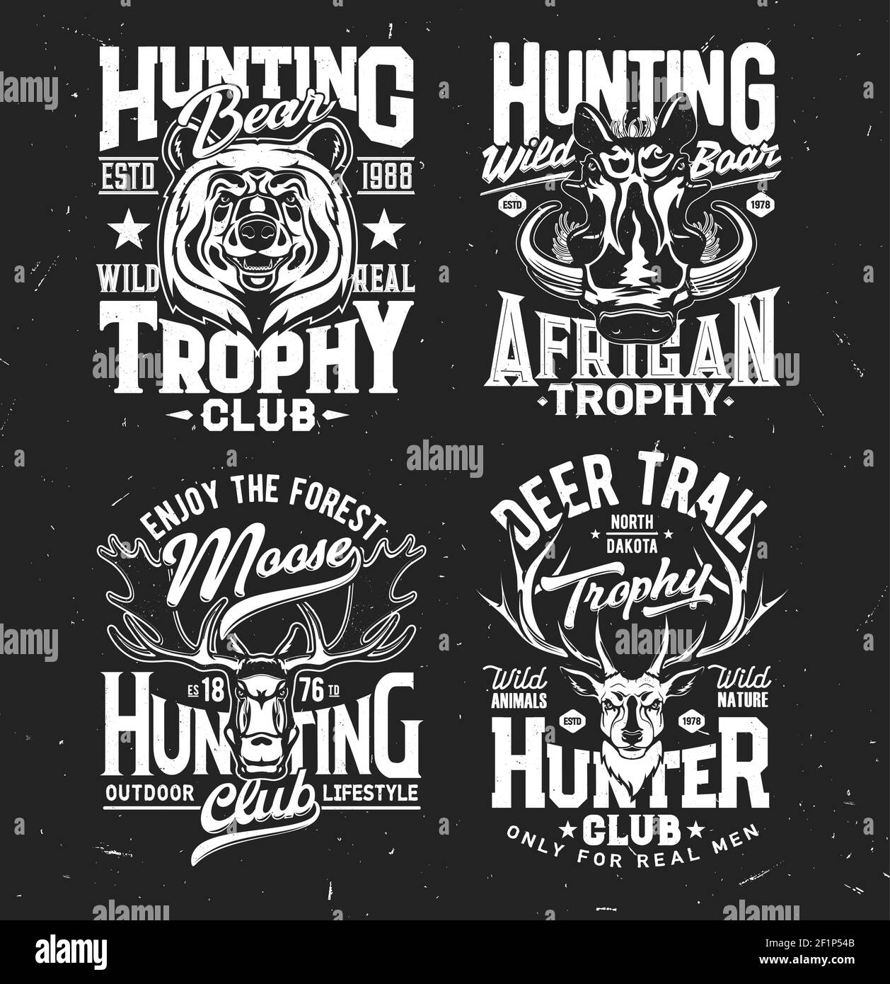 T-Shirt-Prints mit wilden Tieren für Bekleidungsdesign. Vektor Jäger Club Maskottchen Bär, Wildschwein, Elch und Hirsch Trophäe. Isolierte monochrome Retro-Etiketten mit Stock Vektor