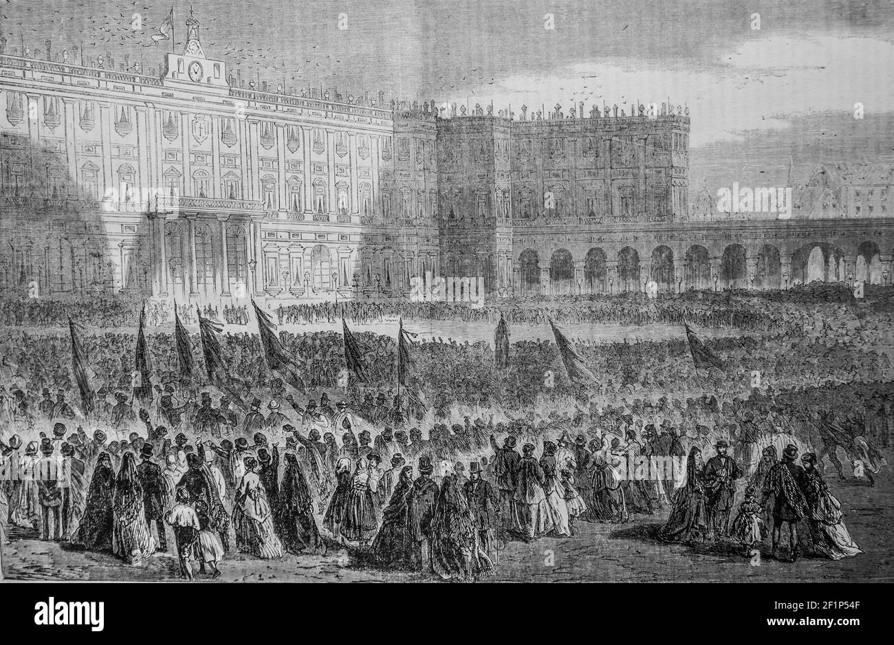 evenement d'espagne la Place du palais royale a madrid, l'univers illuste,editeur michele Levy 1869 Stockfoto
