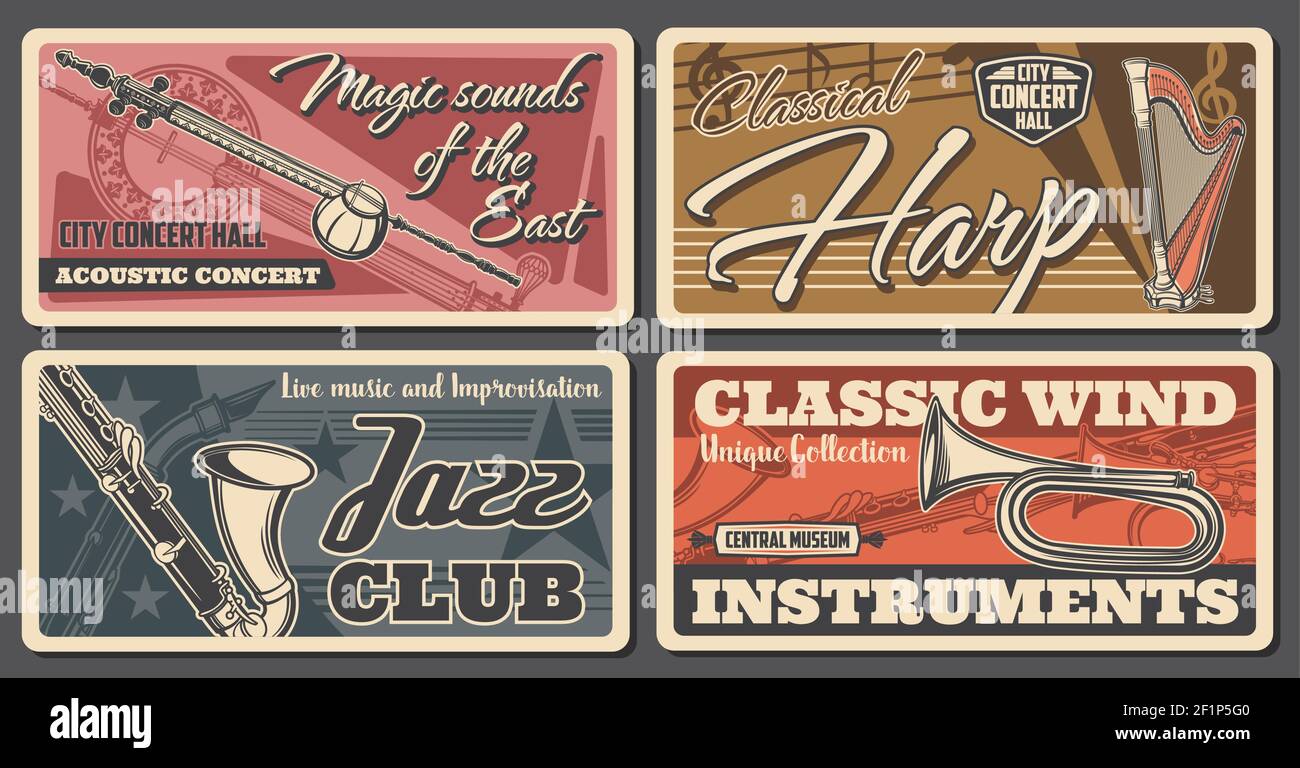 Klassische und Jazz-Musik Konzert Retro-Banner. Kamancheh und klassische Harfe, bugle, Saxophon und Shamisen graviert Vektor. Akustisches Konzert mit orien Stock Vektor