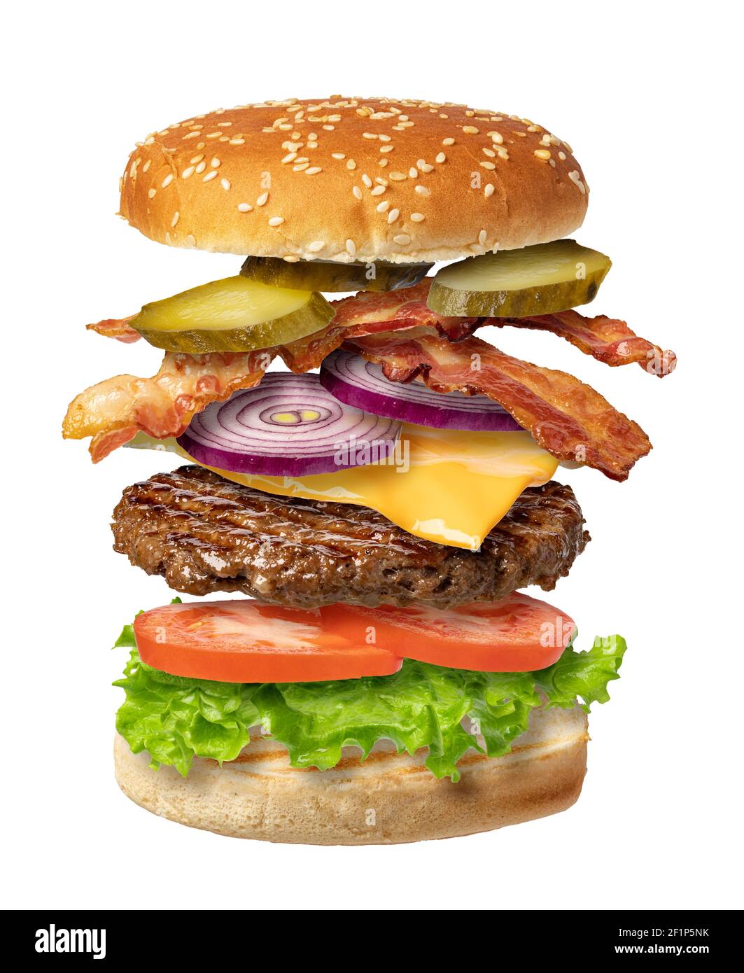 Fliegender Burger auf weißem Hintergrund Stockfoto