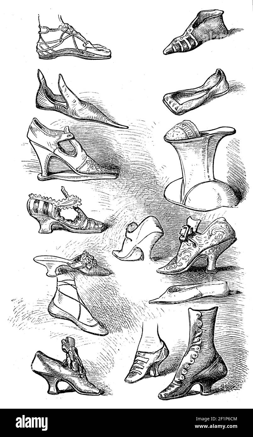 Schuhmode der verschiedenen Epochen, von der griechischen Antike bis zum Beginn des 19th. Jahrhunderts, Illustration von 1880 / Schuhmode der verschiedenen Zeitepochen, von der griechischen Antike bis zum Anfang des 19. Jahrhundert, Illustration aus 1880, Historisch, historisch, digital verbesserte Reproduktion eines Originals aus dem 19th. Jahrhundert / digitale Reproduktion einer Originalvorlage aus dem 19. Jahrhundert, Stockfoto