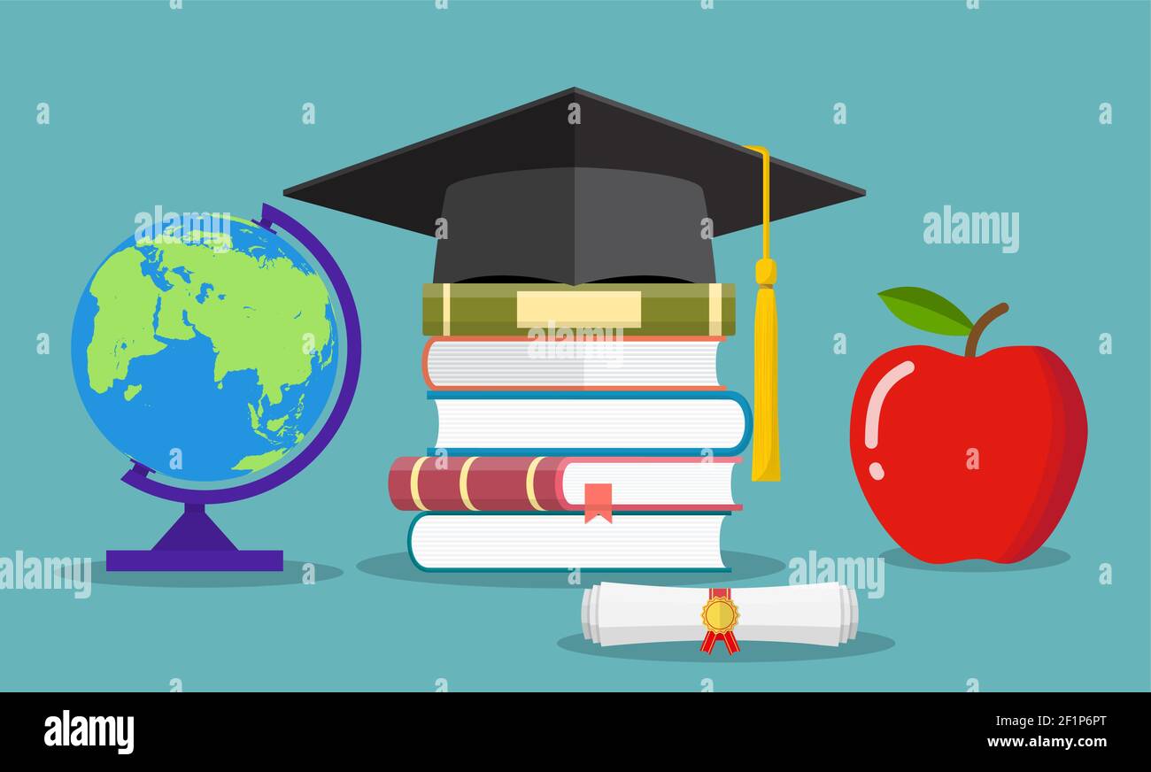 Bildungskonzept. Absolventenhut, Globus, Bücher Stock Vektor
