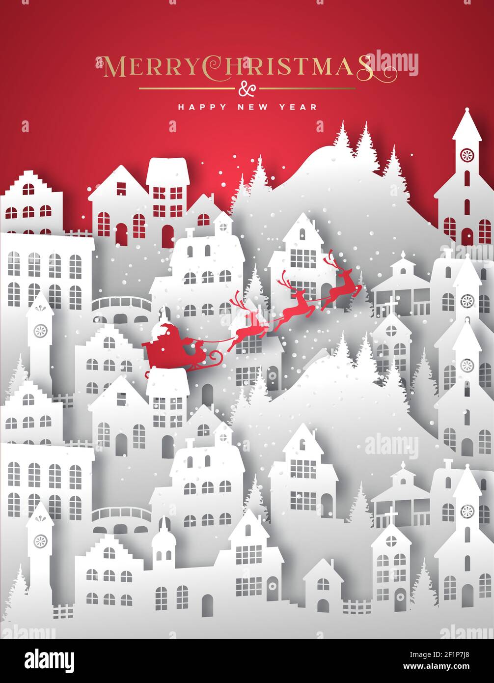 Frohe Weihnachten Happy New Year Grußkarte Illustration der weißen Winter Weihnachten Dorf in geschichteten 3D papercut Stil. Papierhandwerk Stadtlandschaft mit s Stock Vektor