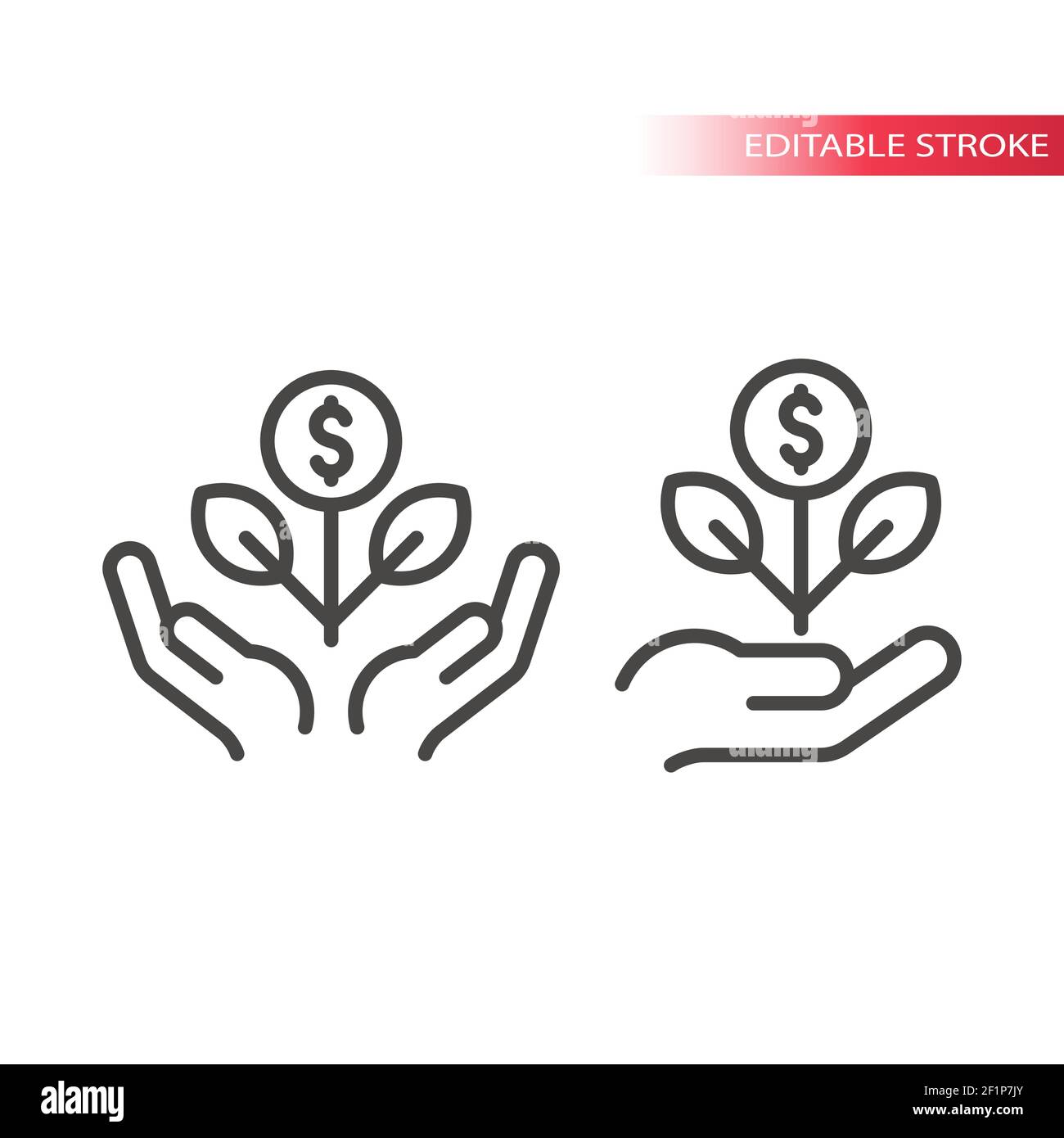Vektorsymbol für die Wachstumslinie des Unternehmens. Hand, Pflanze wächst und Dollar-Münze Symbol, editierbare Strich. Stock Vektor