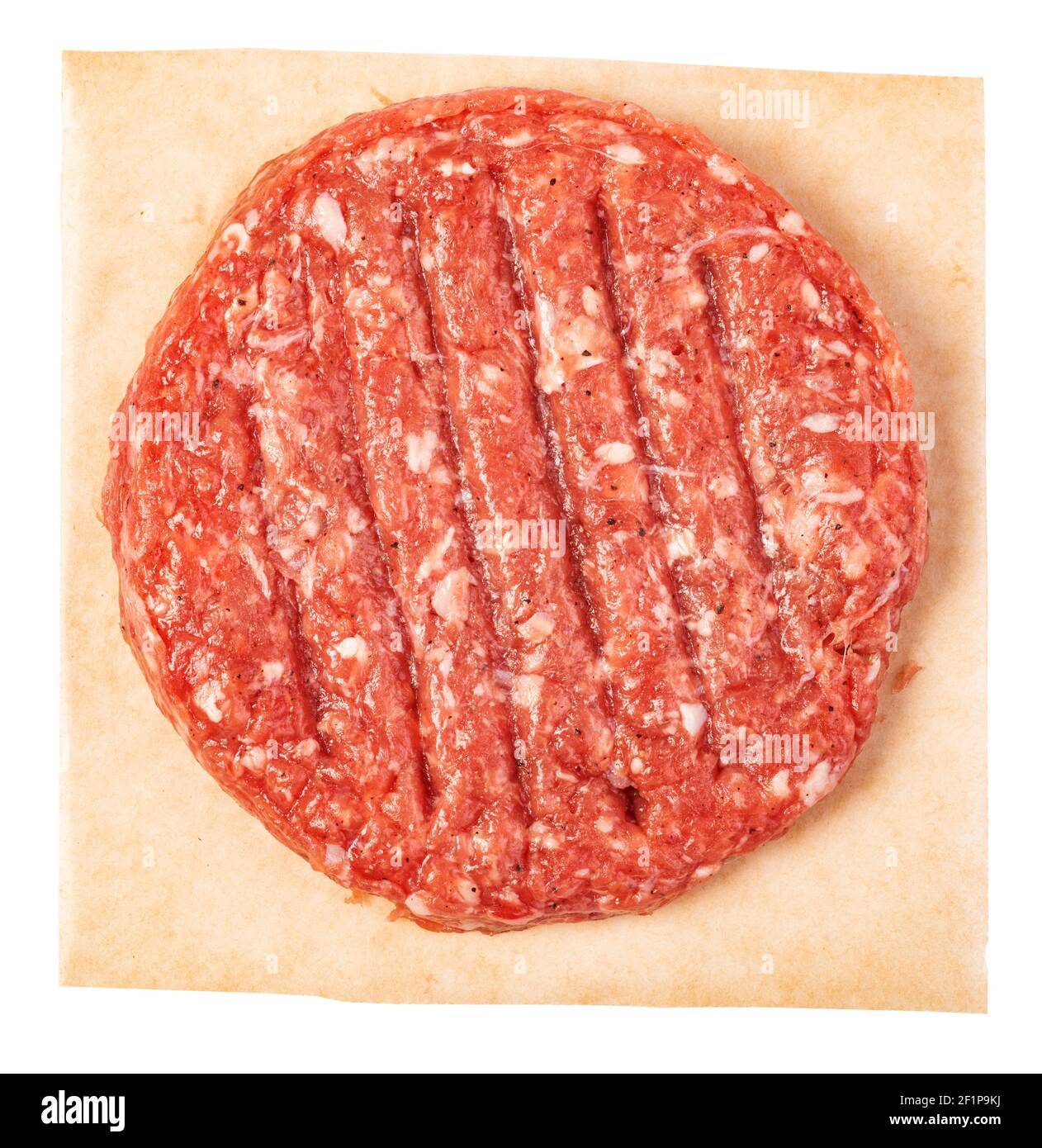 Frisches rohes Burger Fleisch auf weißem Hintergrund Stockfoto