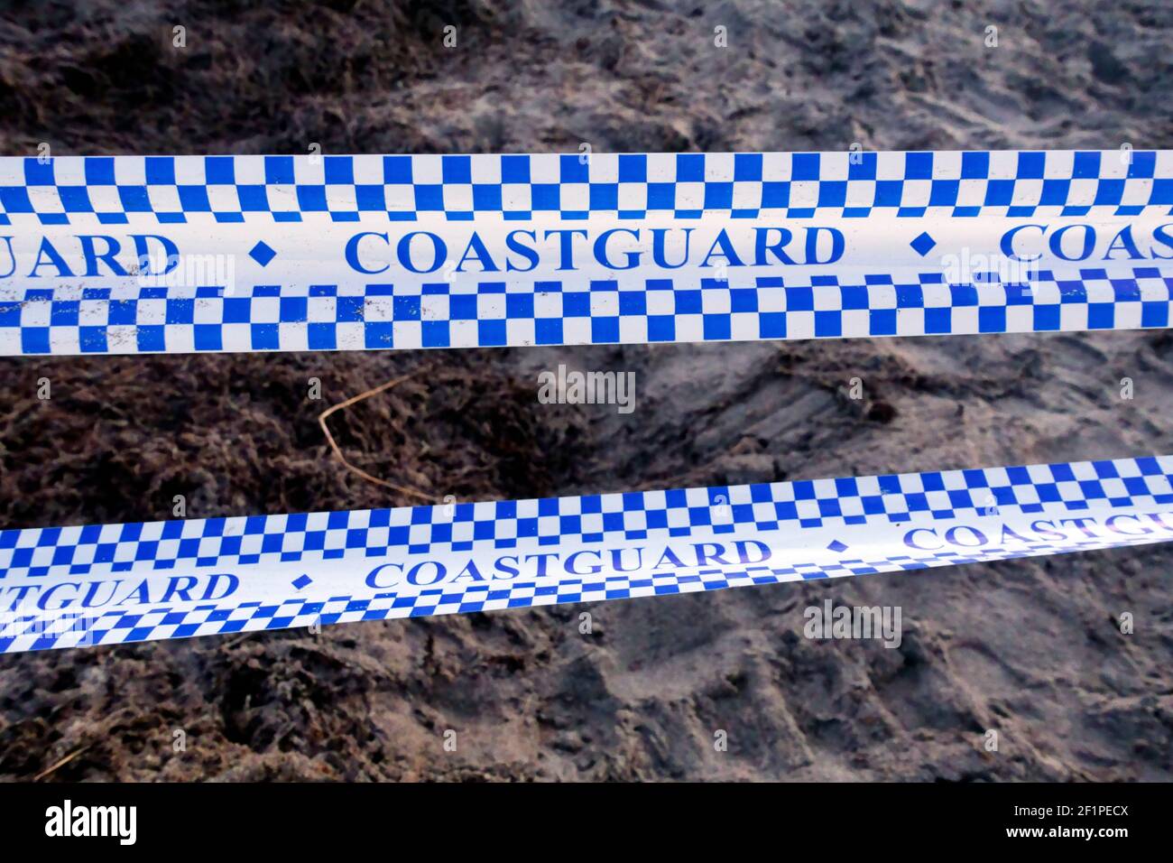 Küstenschutzband an einem Strand in Mull. Das Band wurde errichtet, um die Menschen von einem toten Minke-Wal fernzuhalten, der an Land gewaschen worden war. Stockfoto