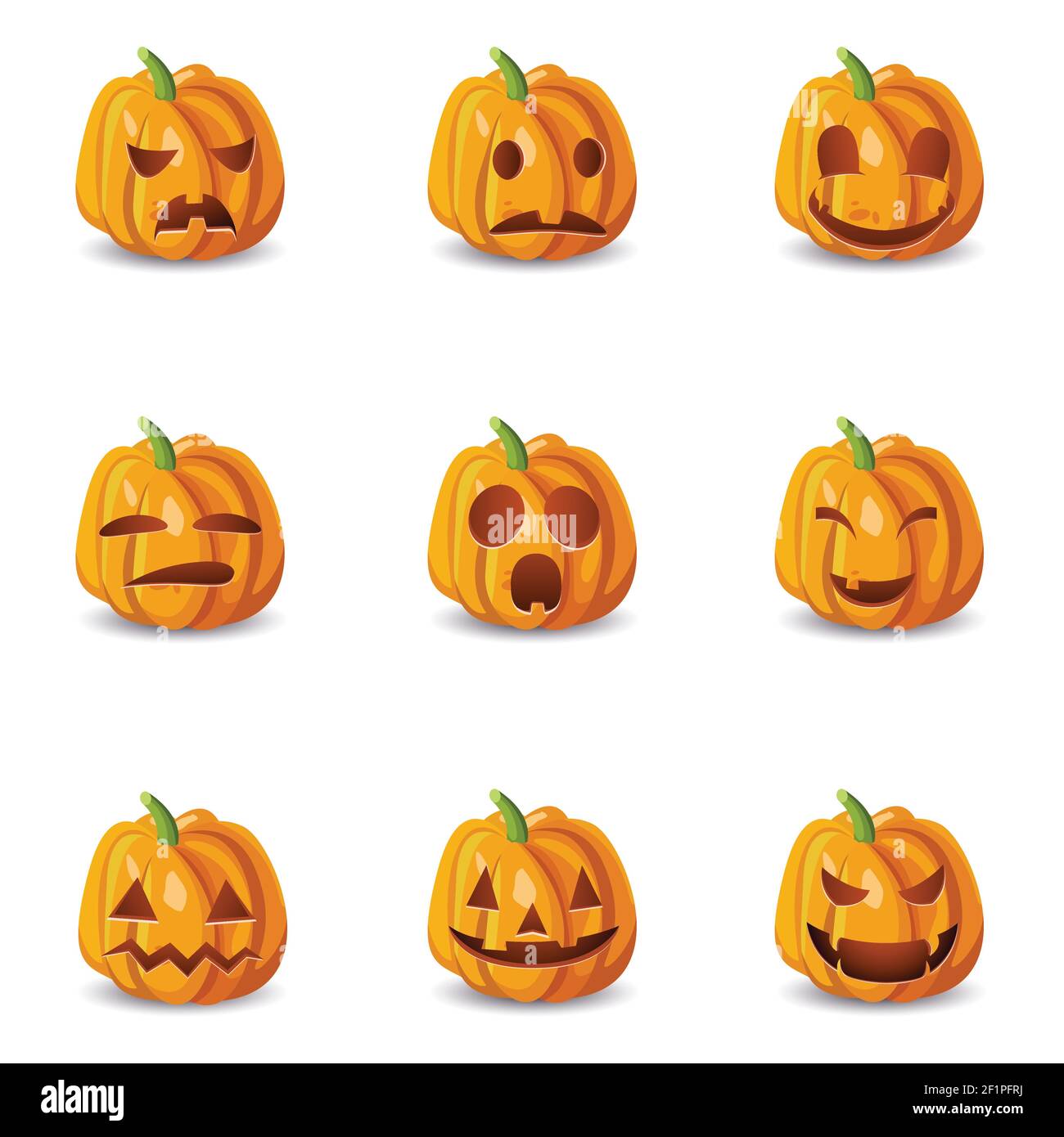 Set von neun isolierten halloween Kürbis Symbole mit Emotionen emoji Smileys mit Schatten auf leeren Hintergrund Vektor-Illustration Stock Vektor