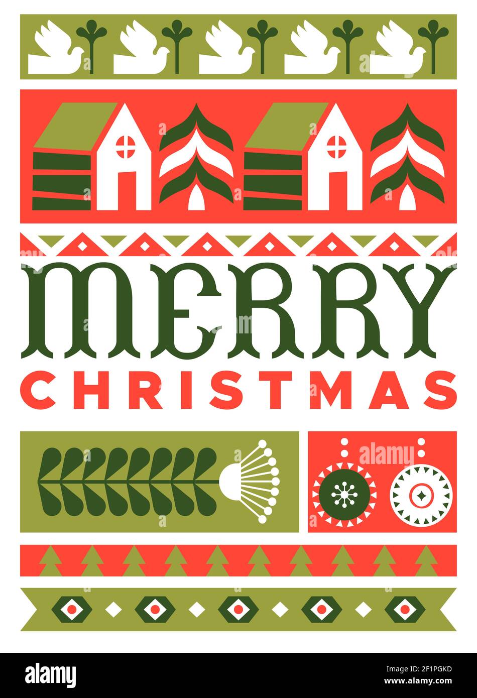 Frohe Weihnachten Grußkarte Illustration in modernen minimalistischen Folk Art Stil. Festliches Feiertagsdesign mit geometrischer flacher nordischer Dekoration. Enthält Stock Vektor