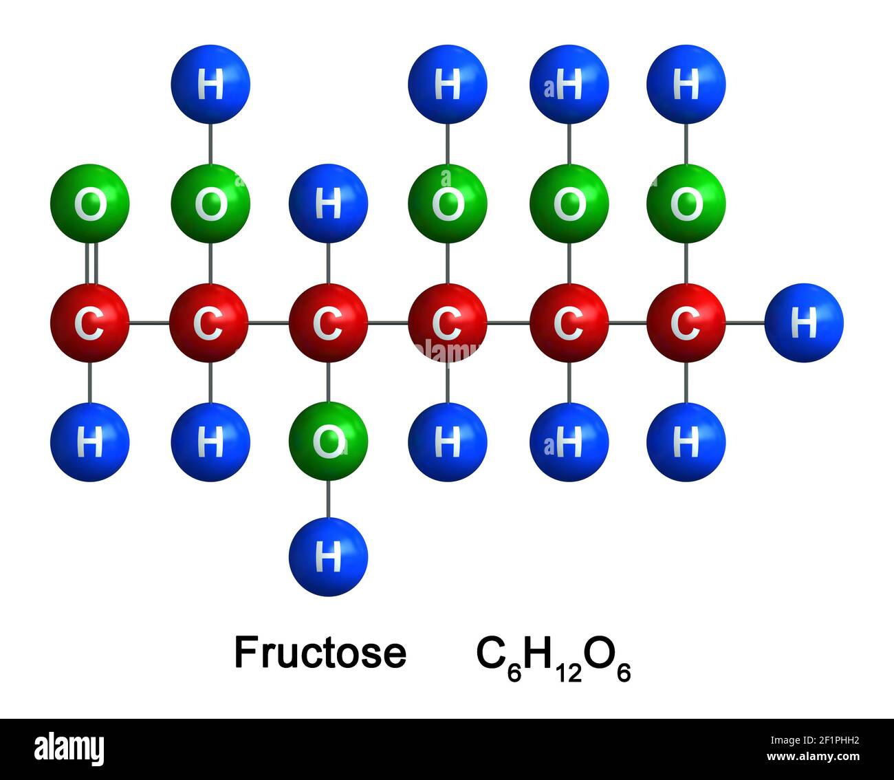 3D Render der molekularen Struktur der Fruktose isoliert auf weißem Hintergrund. Atome werden als Kugeln mit Farb- und chemischer Symbolcodierung dargestellt: H Stockfoto