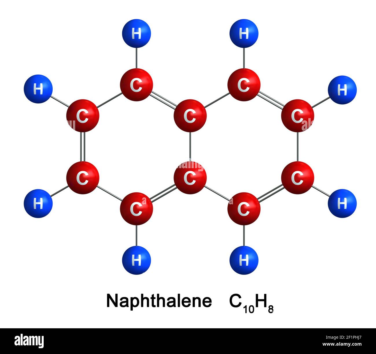 3D Darstellung der molekularen Struktur von Naphthalin isoliert auf weißem Hintergrund. Atome werden als Kugeln mit Farb- und chemischer Symbolkodierung dargestellt Stockfoto
