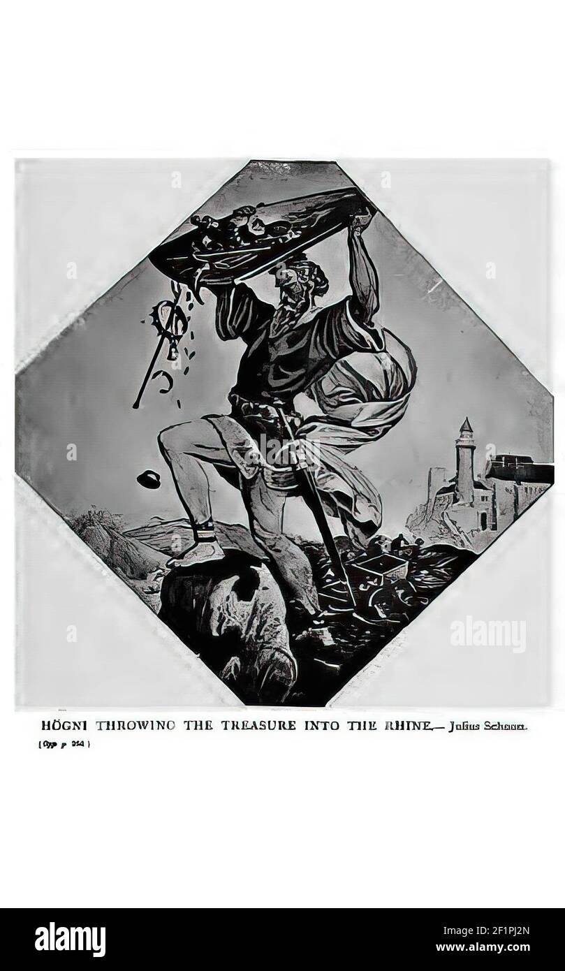 Eine Illustration aus der Buchseite von Hagen werfen die Schatz der Nibelungen am Rhein Stockfoto