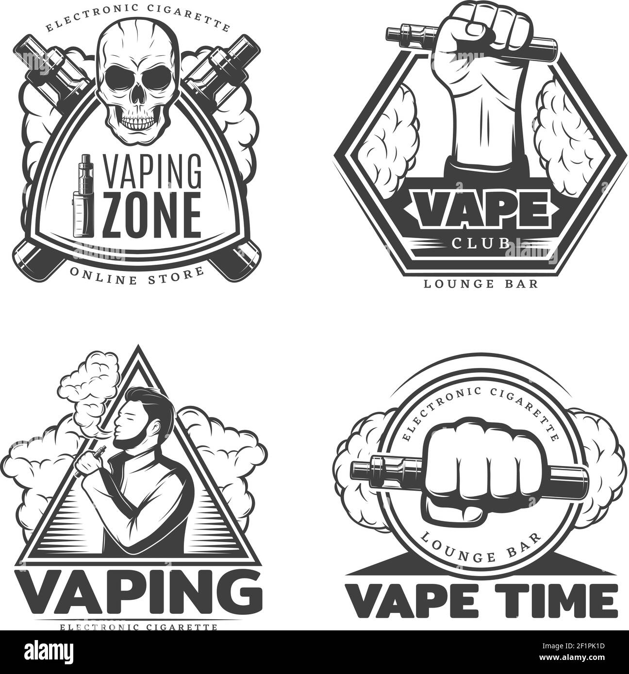 Monochrome Rauchetiketten mit elektronischem Zigarettenverdampfer und rauchende Person Im Vintage-Stil isolierte Vektor-Illustration Stock Vektor